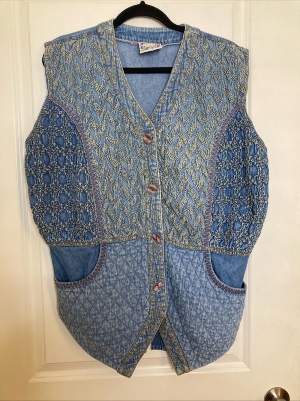 Vintage Cottagecore Patchwork Denim Vest Size 8 Embroidered Quilted Floral Boho - Picture 3 of 5